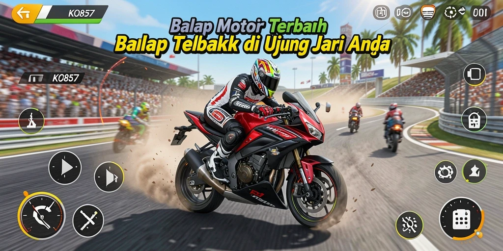 Tampilan gameplay balap motor yang mendebarkan dan menakjubkan.